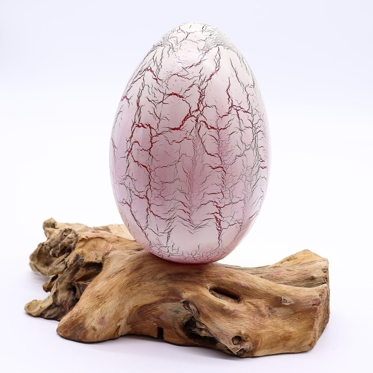 DriftGlow Lamp – Oranje Crackle Fire Ei Kap | Drijfhout Basis