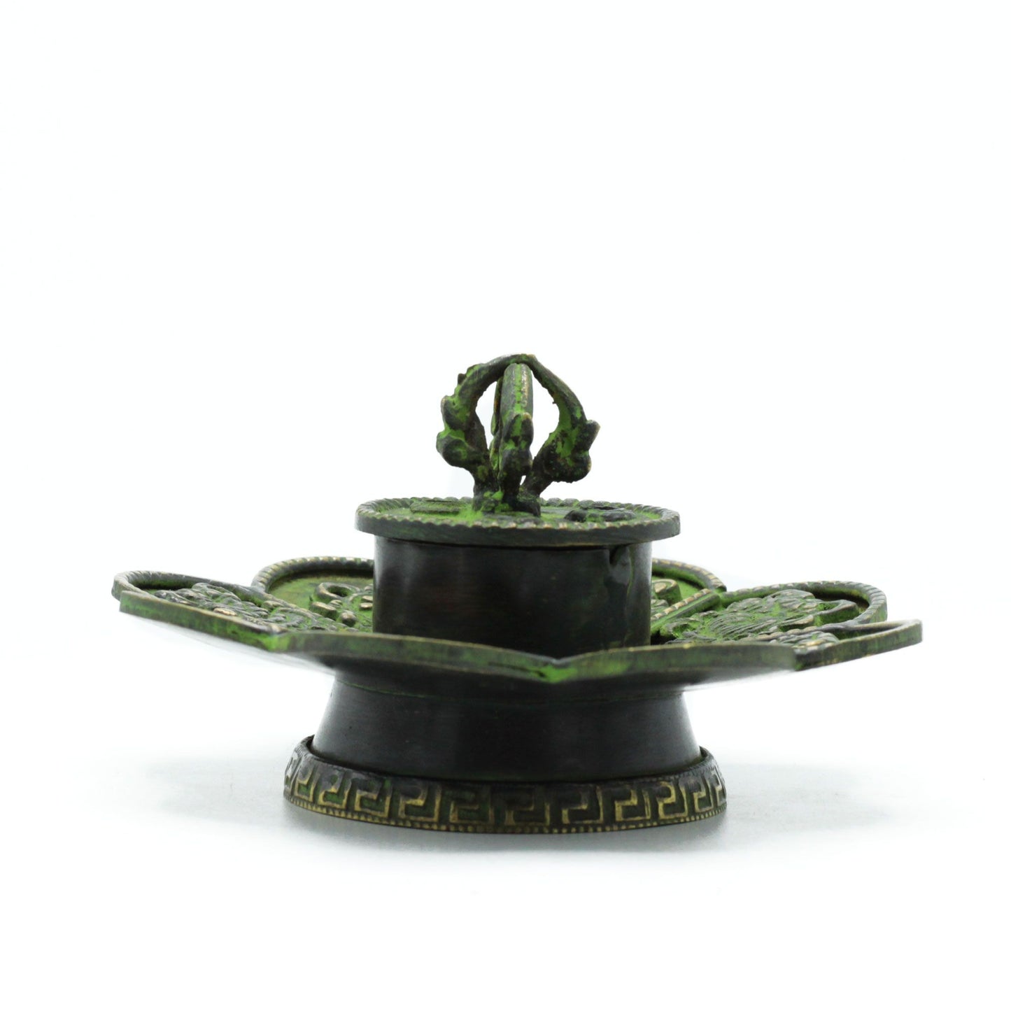 Messing Verdigris Tibetaanse Kegel & Wierookhouder - Acht Symbolen