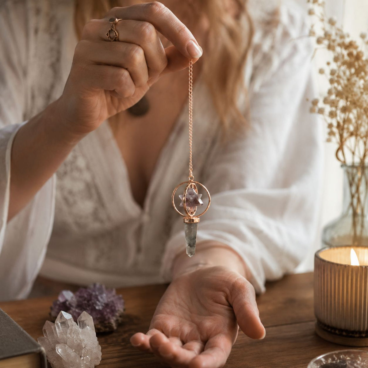 Cosmic Navigator- Two Piece Spinning Merkaba Star in Copper Pendulum - Amethyst & Labradorite