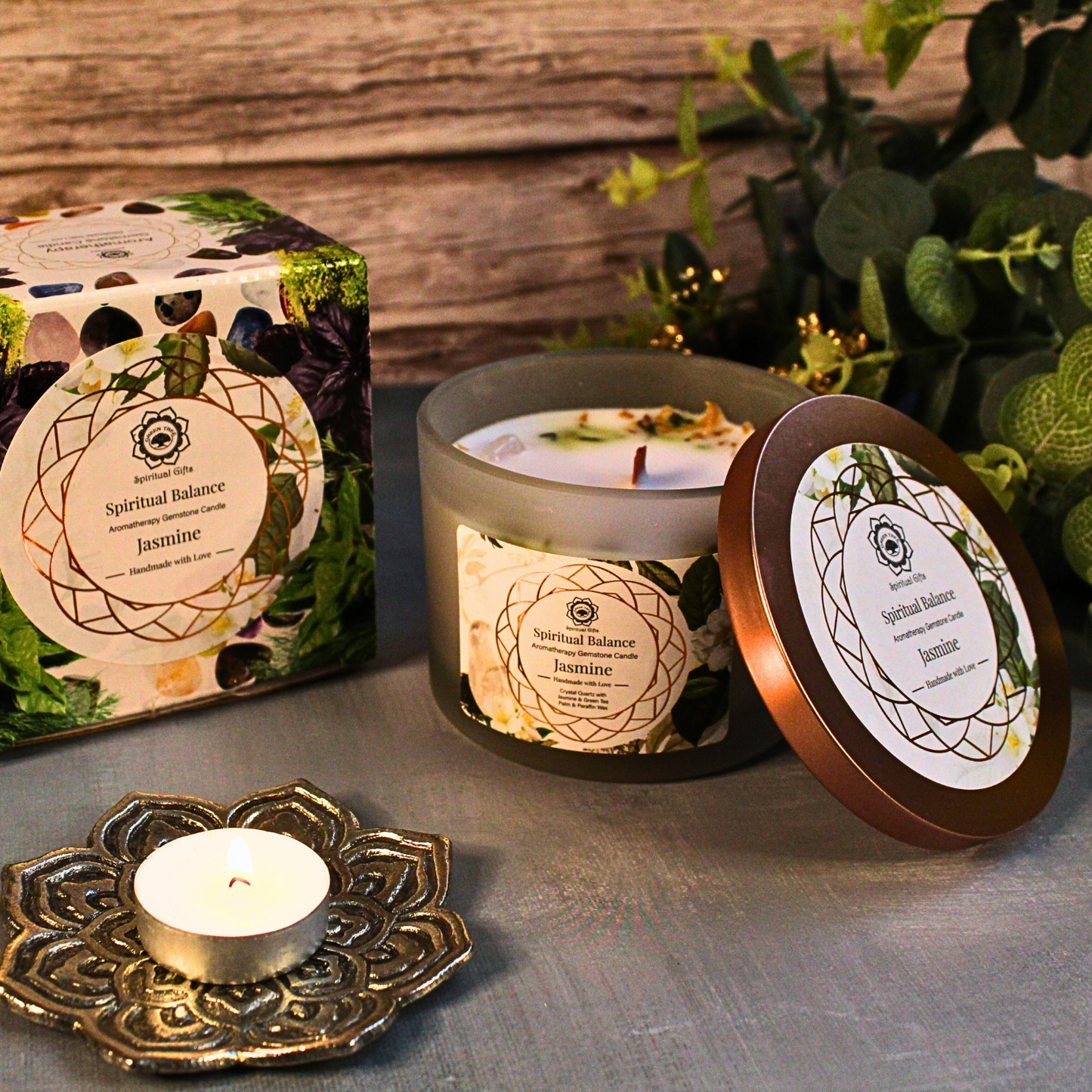 Green Tree Geurkaars met Edelstenen Spirituele Balans Jasmijn 256 g