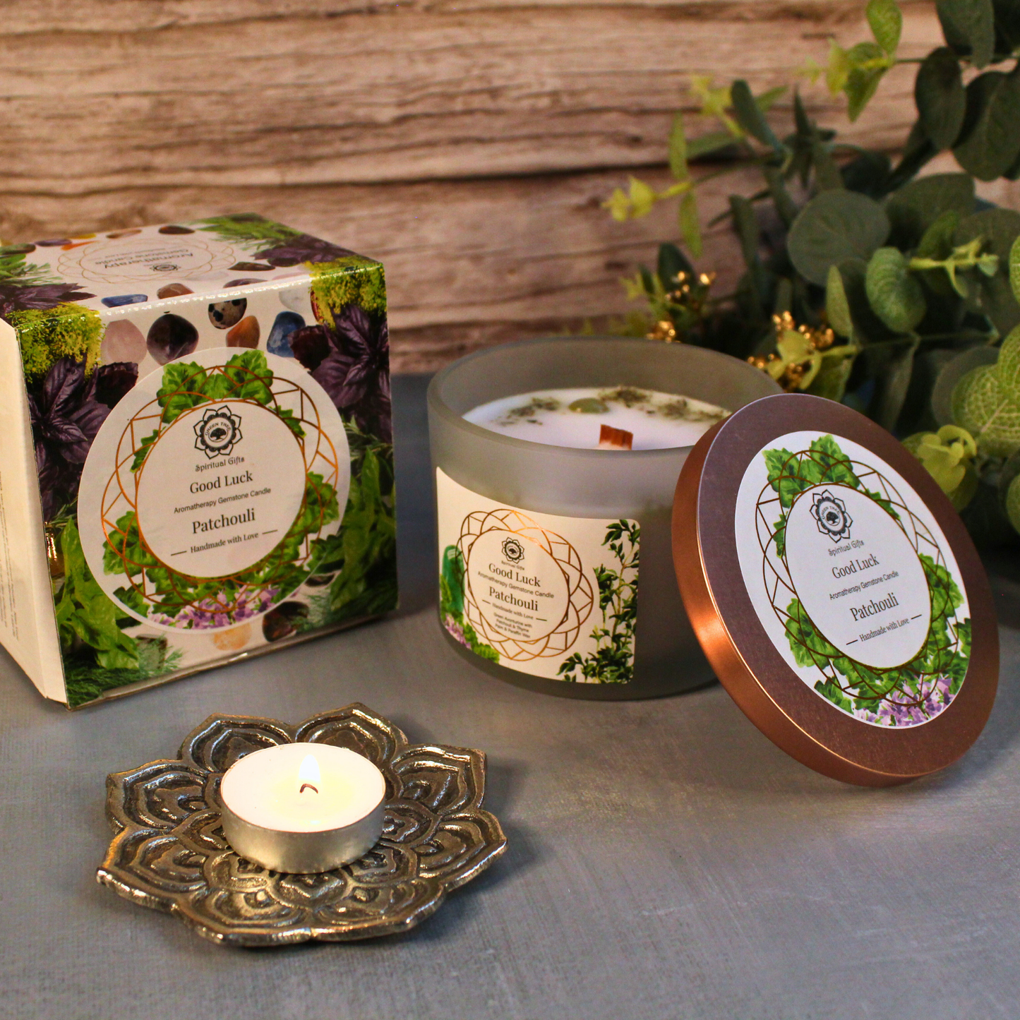 Green Tree geurkaars met edelstenen Good Luck Patchouli 256 g
