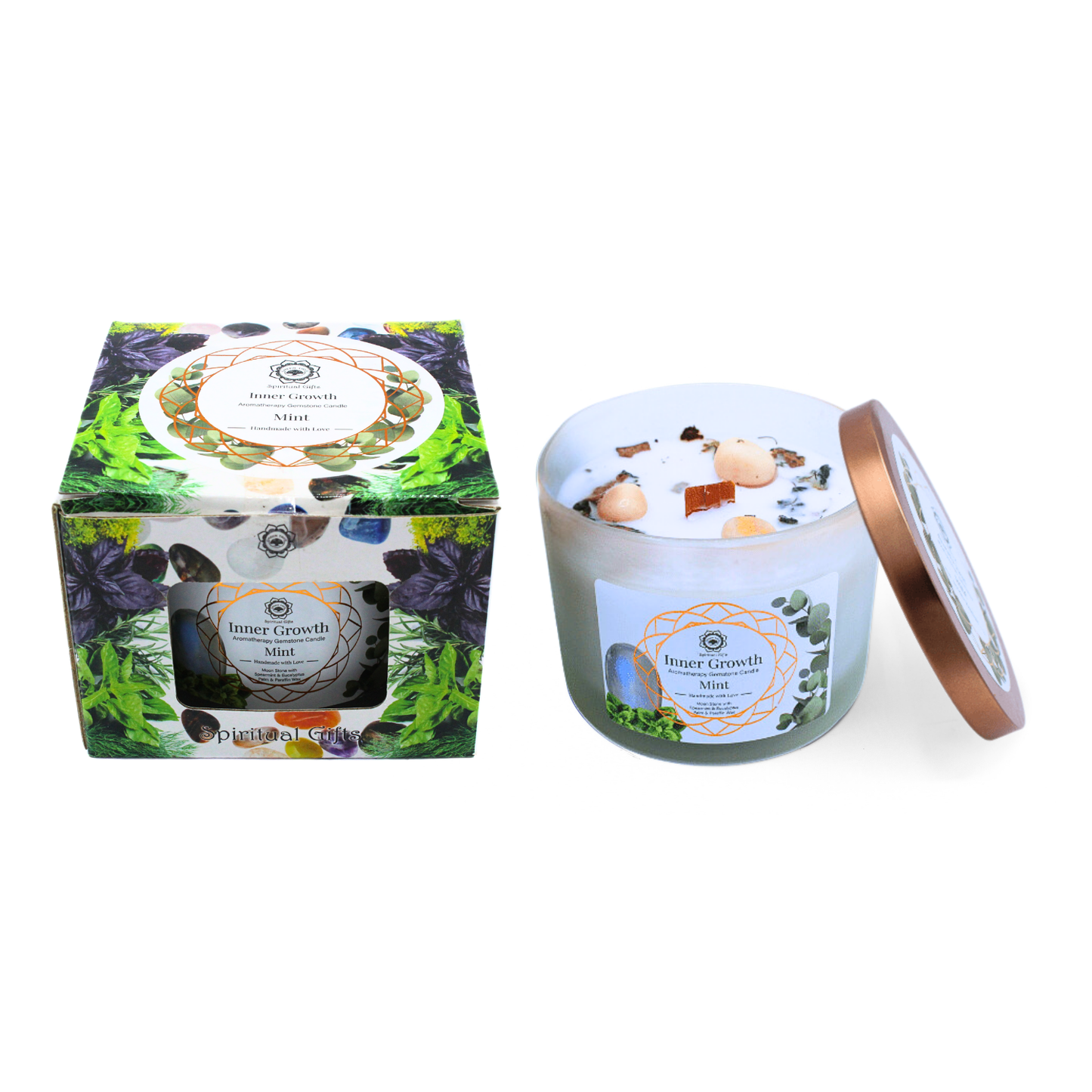 Green Tree geurkaars met edelstenen Inner Growth munt 256 g