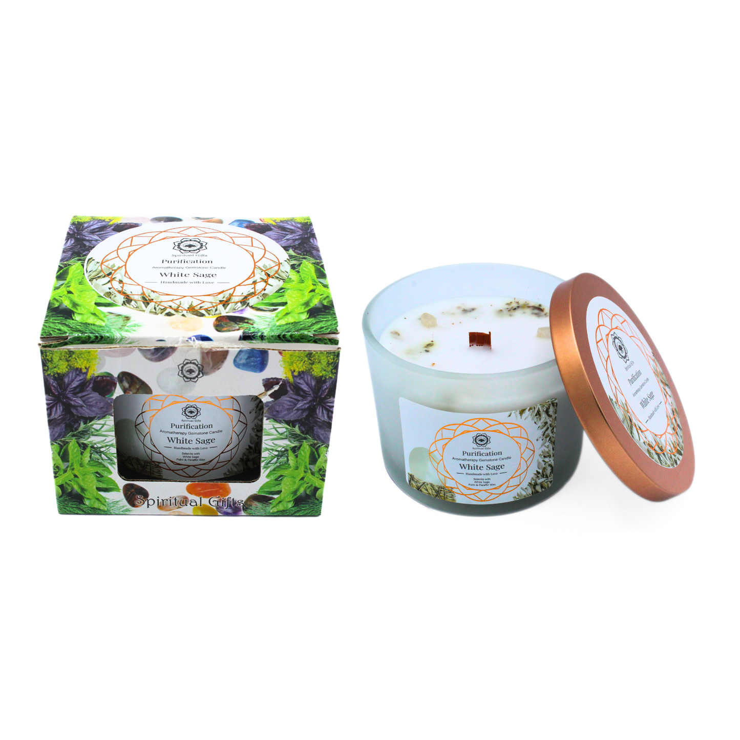 Green Tree geurkaars met edelstenen, reiniging met witte salie, 256 g