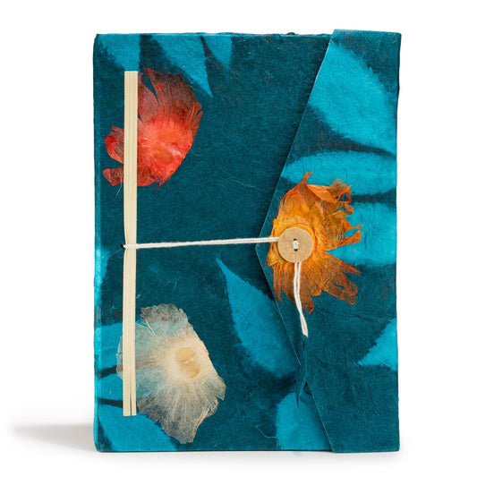 Lokta Bold Floral Notitieboek Groot (21x15cm) – 45 pagina's – incl. boekenlegger – Middernachtblauw