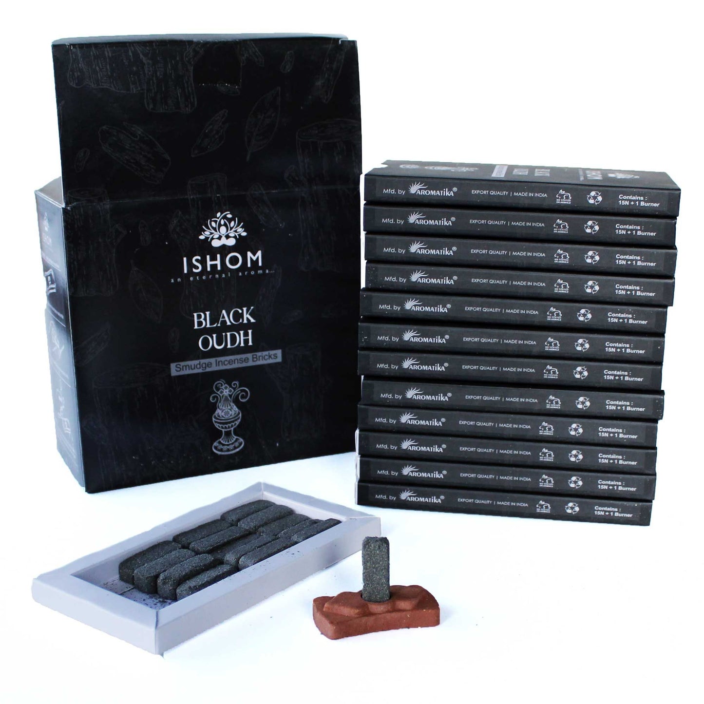 Natuurlijke Wierook Smudge Bricks met Brander – Zwart Hout (15 stuks)