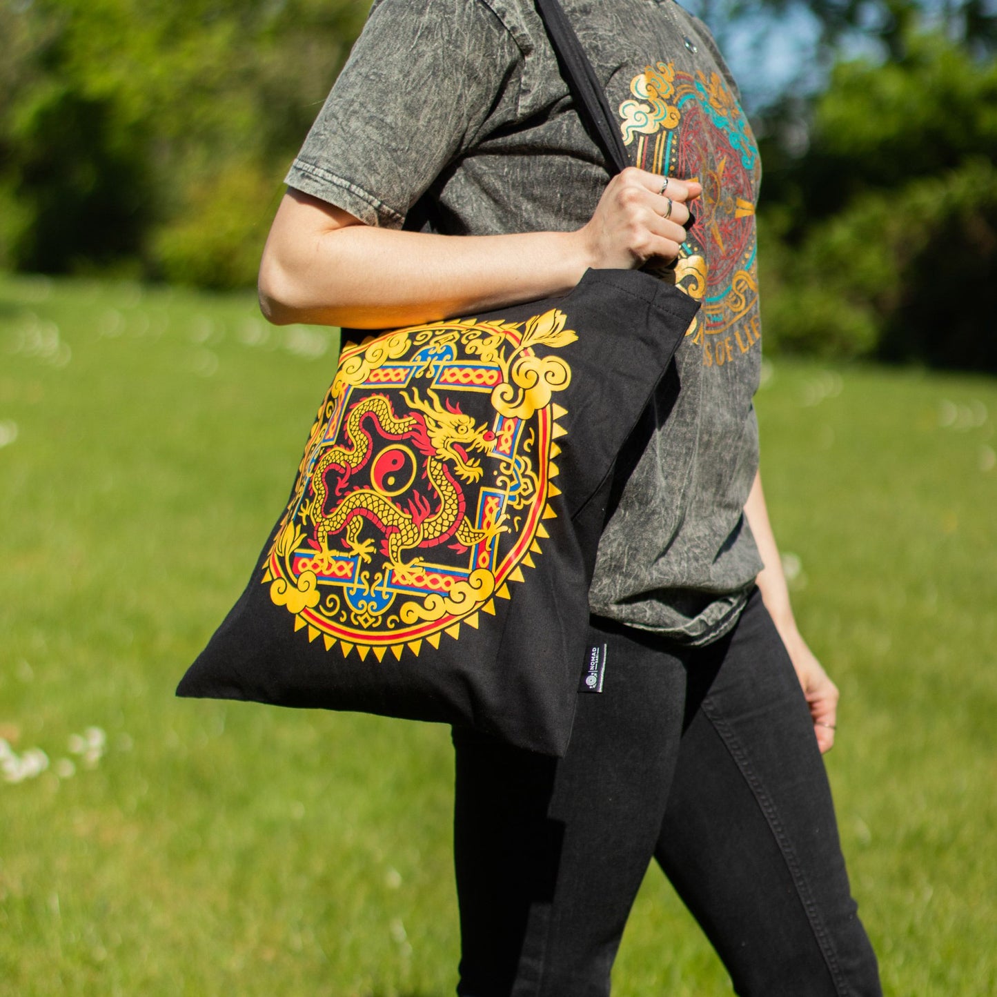 Iconic Classic Tote Bag – Draak Yin & Yang – Zwart 6oz