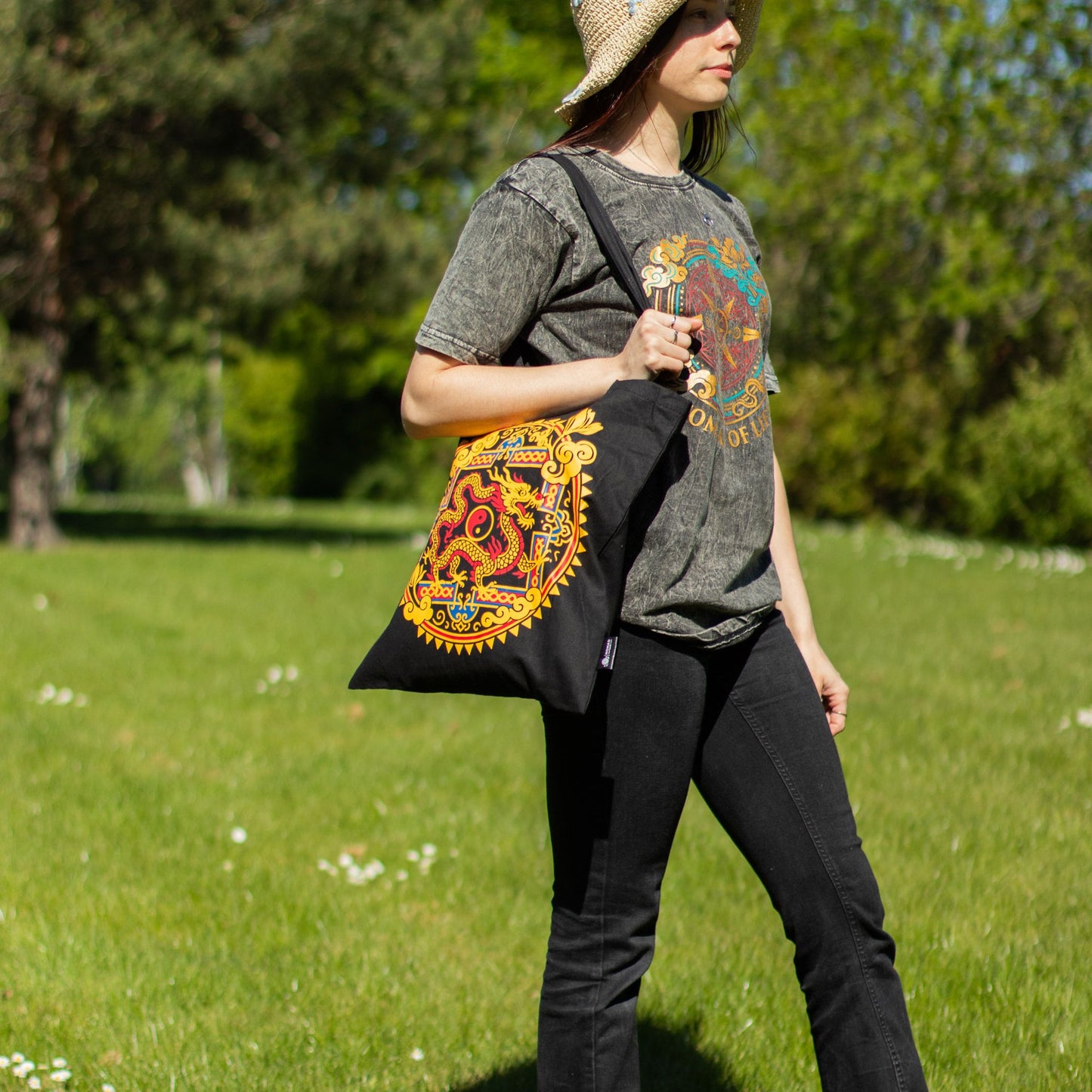 Iconic Classic Tote Bag – Draak Yin & Yang – Zwart 6oz