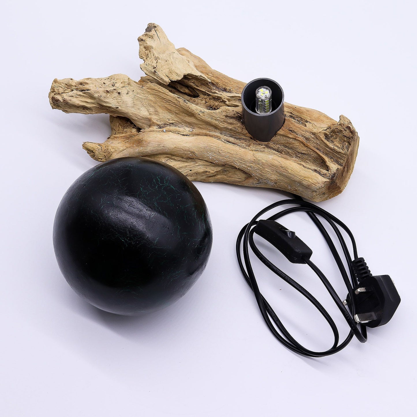 DriftGlow Lamp – Smaragdgroen Craquelé Kap | Drijfhout Basis
