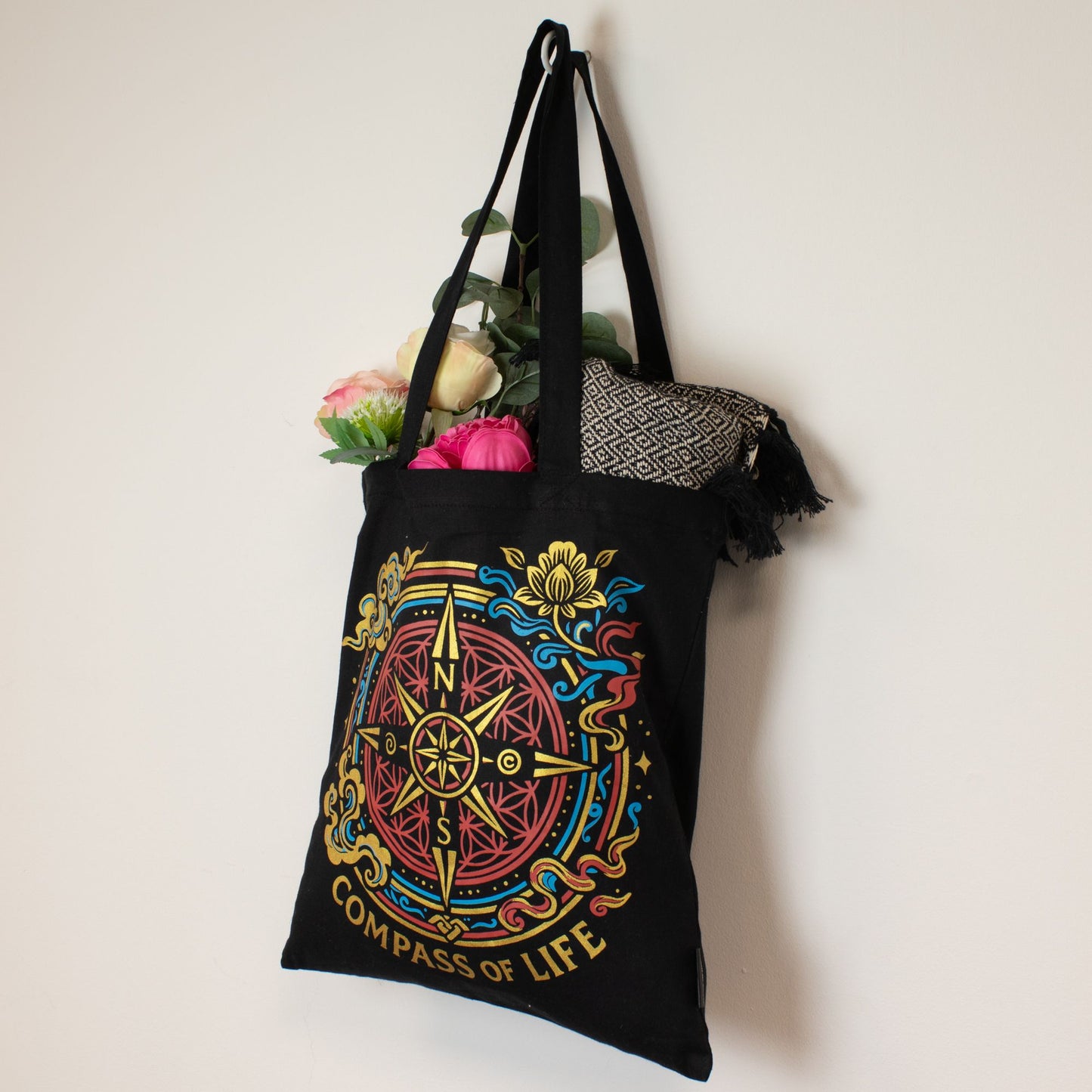 Iconic Classic Tote Bag – Compass of Life – Zwart 6oz
