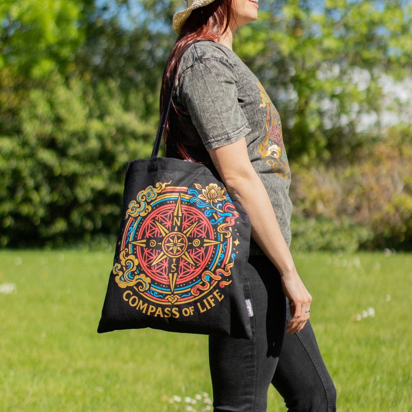 Iconic Classic Tote Bag – Compass of Life – Zwart 6oz