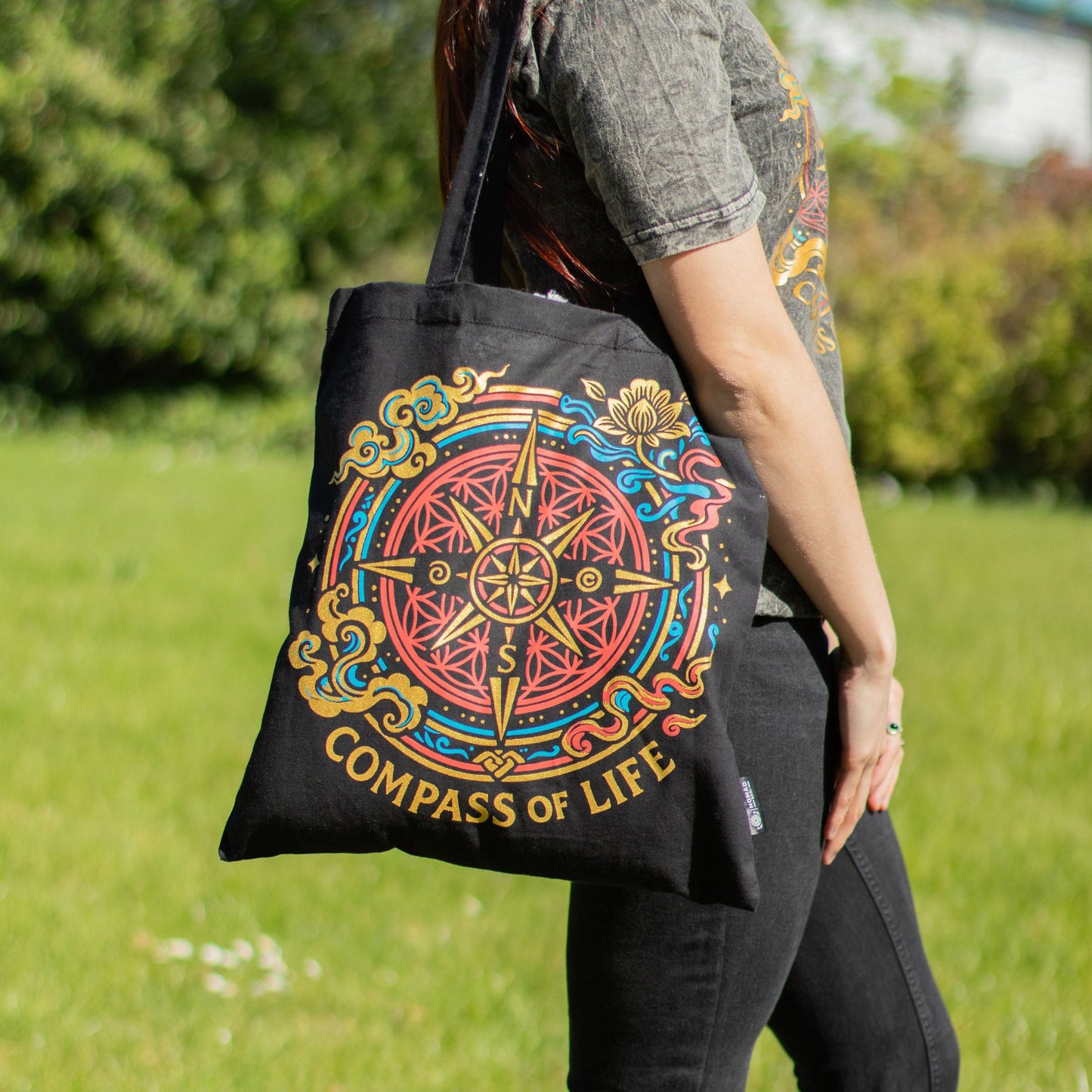Iconic Classic Tote Bag – Compass of Life – Zwart 6oz