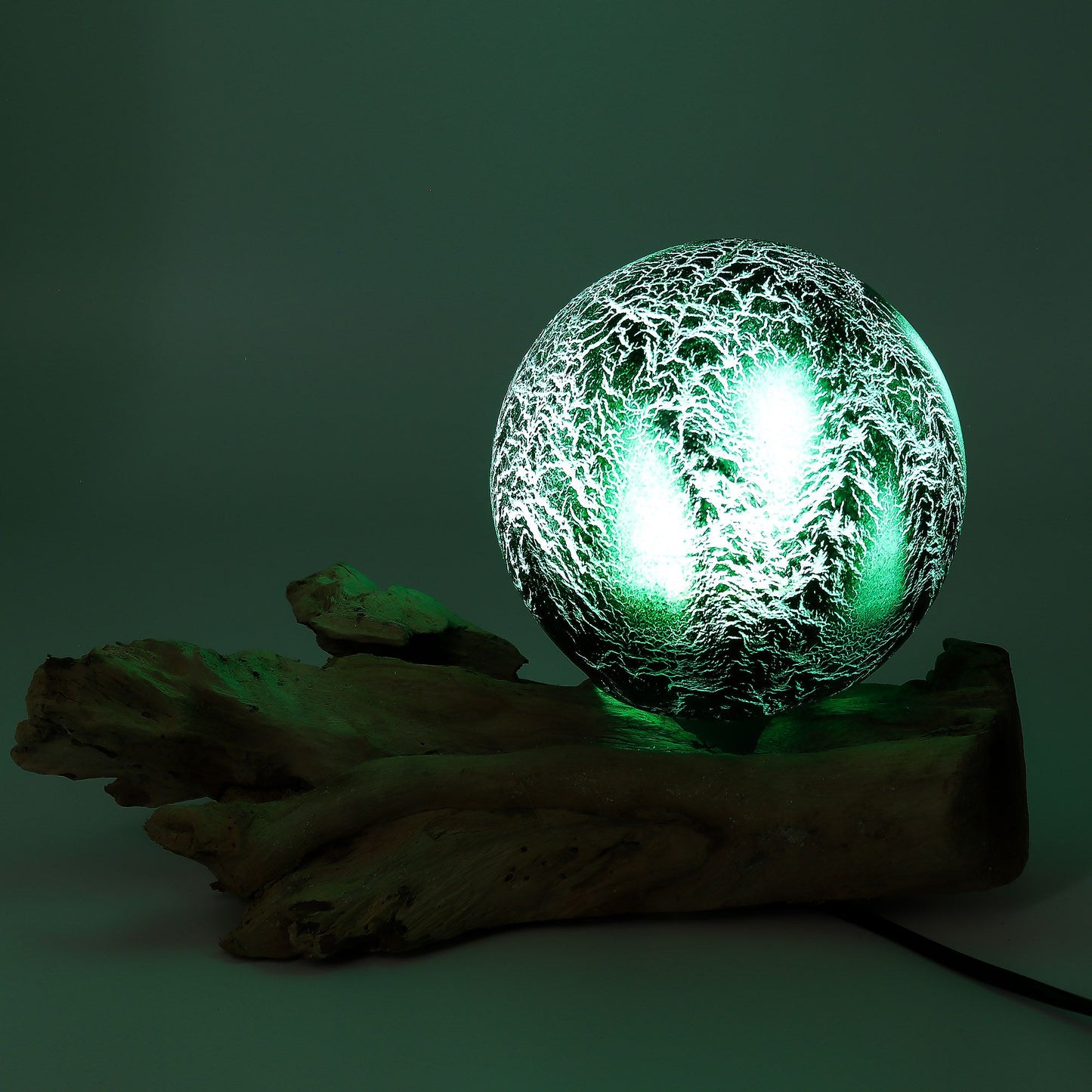 DriftGlow Lamp – Smaragdgroen Craquelé Kap | Drijfhout Basis