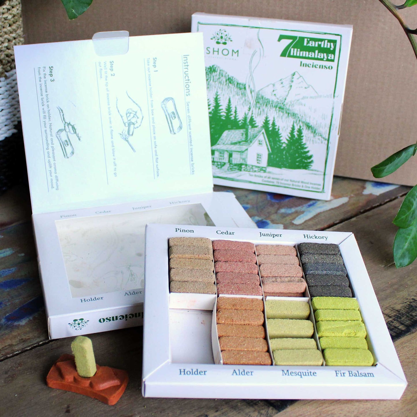XXL Set Wierook Smudge Bricks met Brander – 7 Aardse Himalaya Geuren (70 stuks)