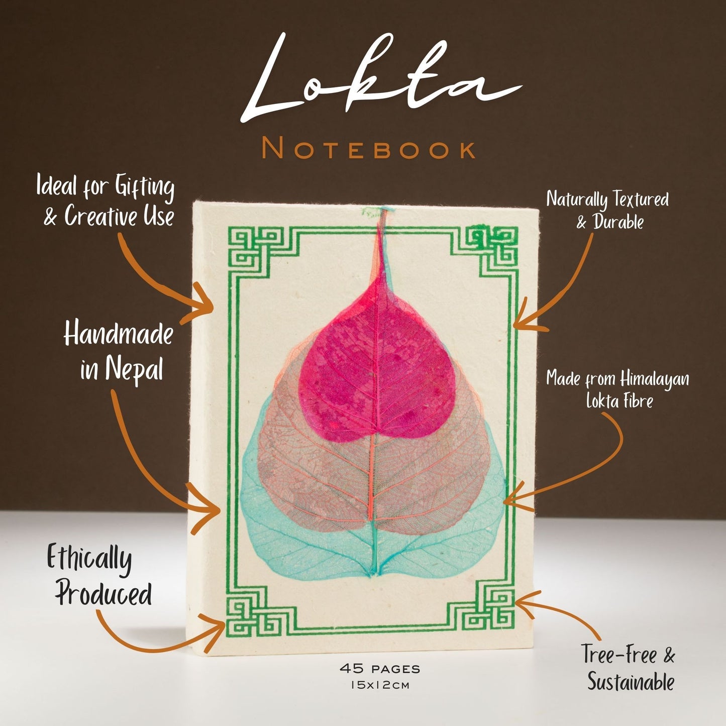 Lokta Bodhi Blad Notitieboek Medium (15x12cm) – 45 pagina's (assorti)