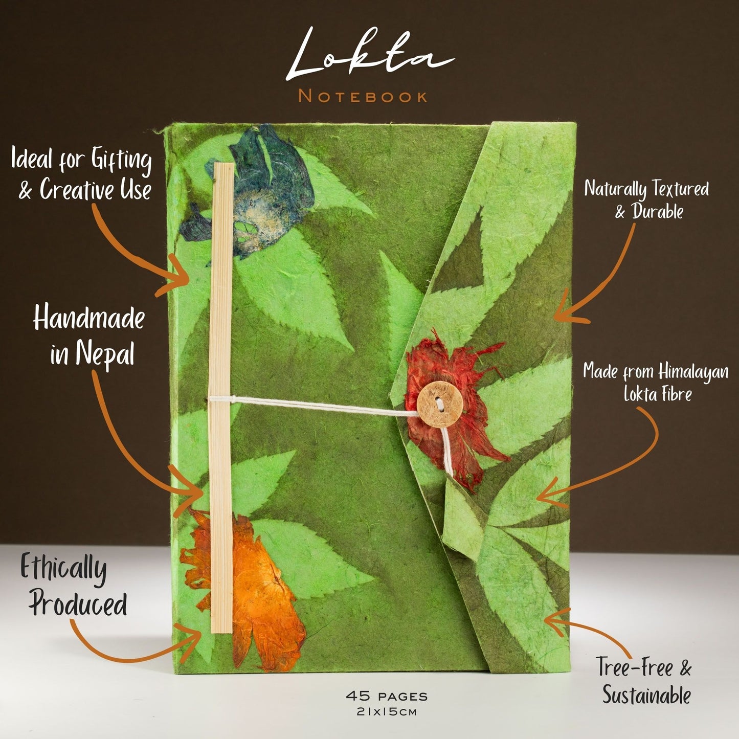 Lokta Bold Floral Notitieboek Groot (21x15cm) – 45 pagina's – incl. boekenlegger – Mosgroen