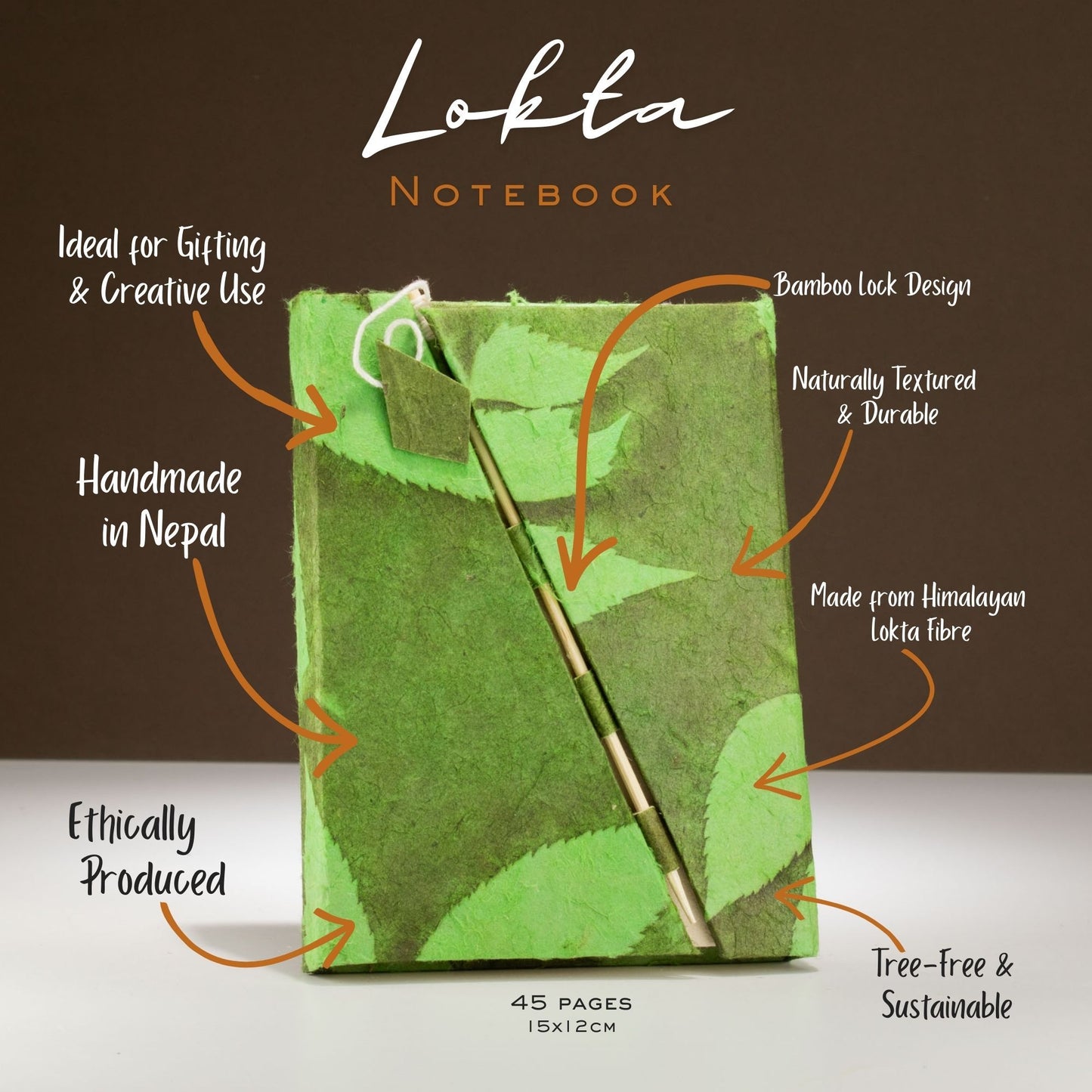 Lokta Bold Floral Bamboo Lock Notitieboek Medium (15x12cm) – 45 pagina’s – Mosgroen