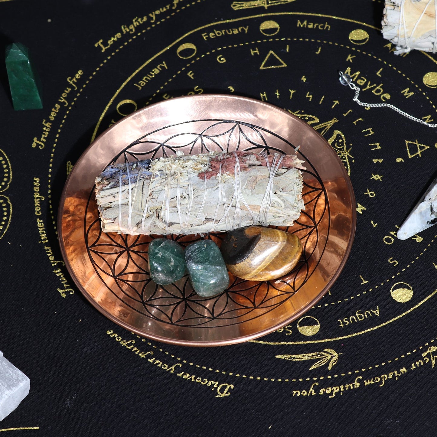 Koperen Smudge & Offerplaat – Bloem des Levens