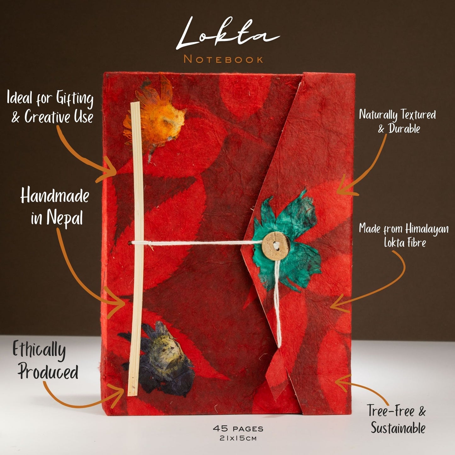 Lokta Bold Floral Notitieboek Groot (21x15cm) – 45 pagina’s – incl. boekenlegger – Ruby
