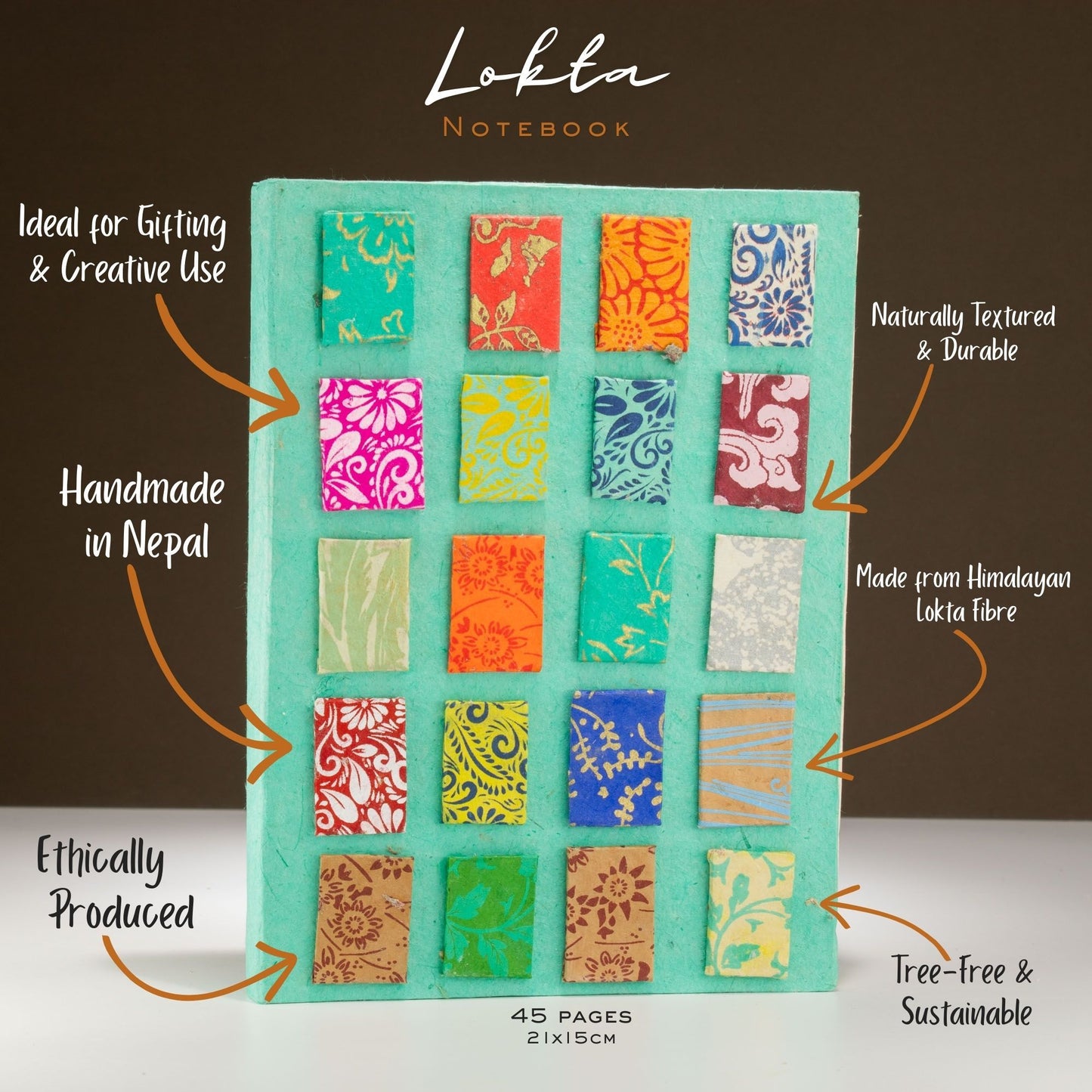 Lokta Mini Tegels Notitieboek Groot (21x15cm) – 45 pagina's – incl. boekenlegger – Teal