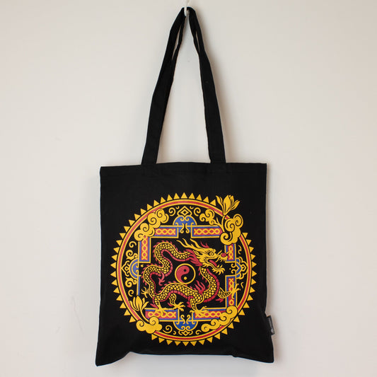 Iconic Classic Tote Bag – Draak Yin & Yang – Zwart 6oz