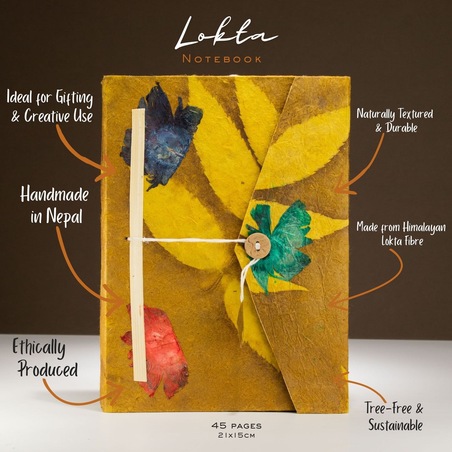 Lokta Bold Floral Notitieboek Groot (21x15cm) – 45 pagina’s – incl. boekenlegger – Olijfgroen