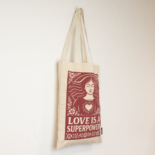 Nomad Sari Iconic Toni Tote Bag – Love is a Super Power – Naturel 10oz