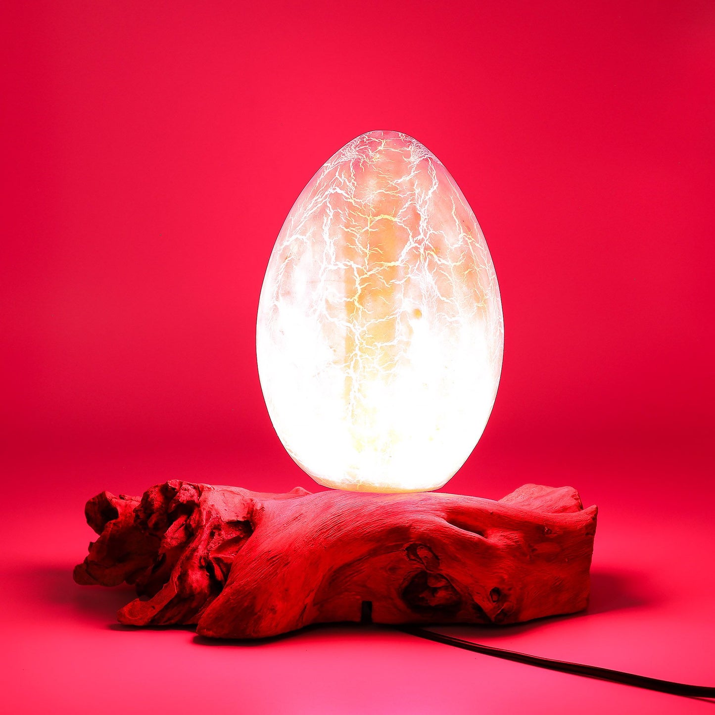 DriftGlow Lamp – Oranje Crackle Fire Ei Kap | Drijfhout Basis
