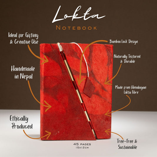 Lokta Bold Floral Bamboo Lock Notitieboek Medium (15x12cm) – 45 pagina's – Ruby