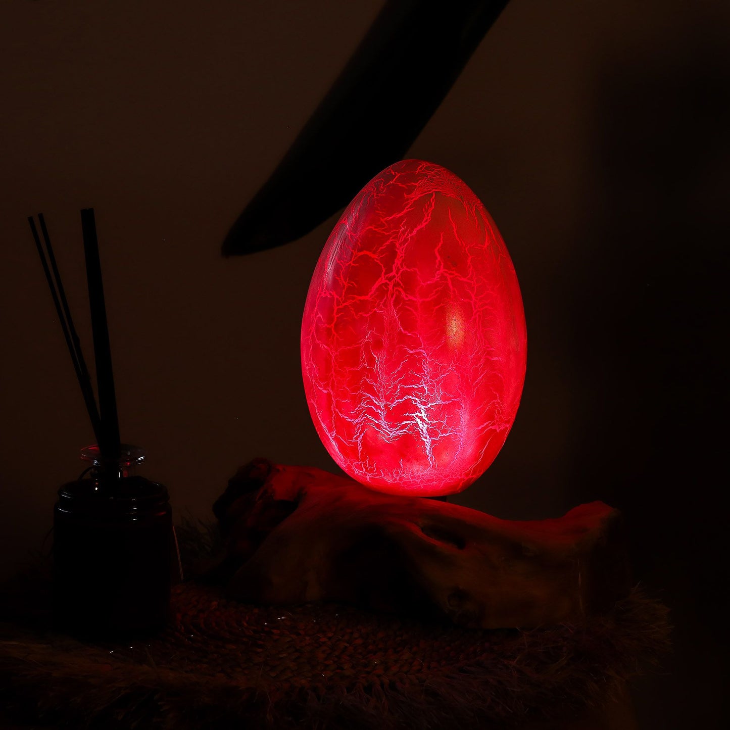 DriftGlow Lamp – Oranje Crackle Fire Ei Kap | Drijfhout Basis