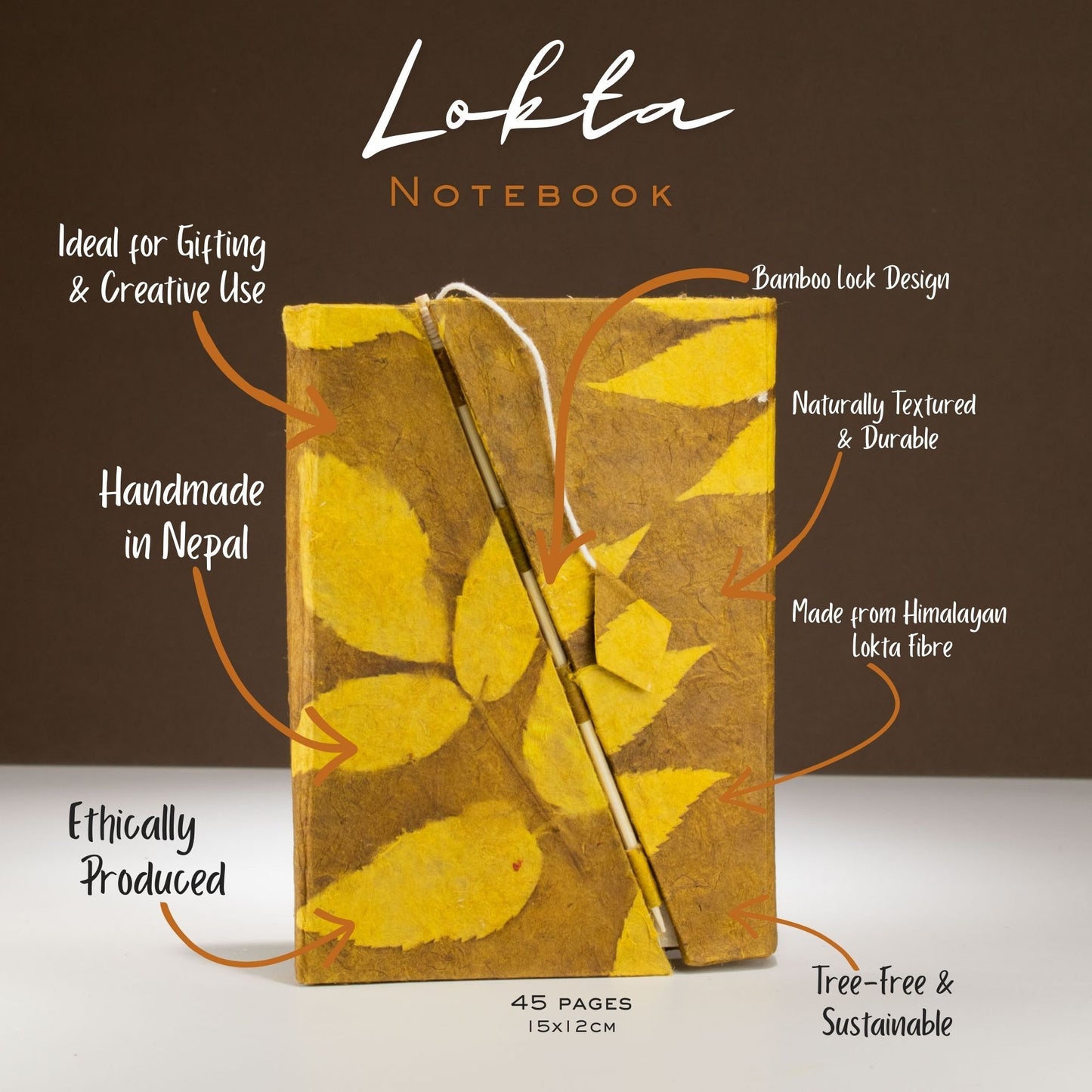 Lokta Bold Floral Bamboo Lock Notitieboek Medium (15x12cm) – 45 pagina's – Mosterdbruin