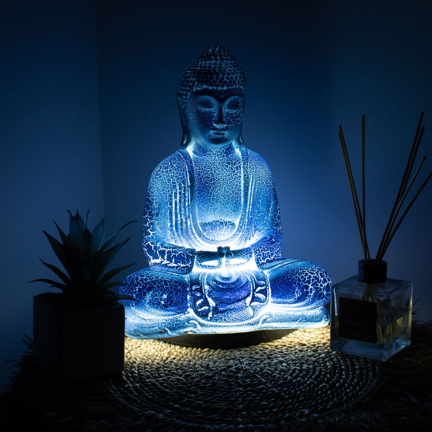 Meditatie Boeddha Lamp – Hemelsblauw Craquelé | Ovaal Voetstuk