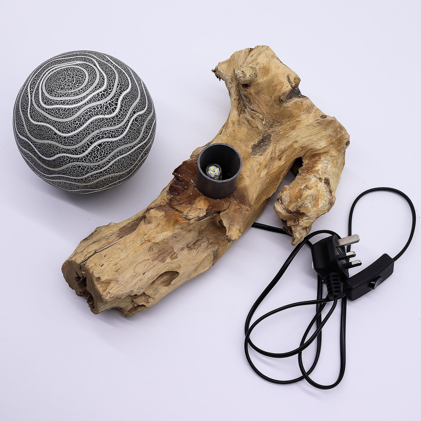 DriftGlow Lamp – Grijze Luna Kap | Drijfhout Basis