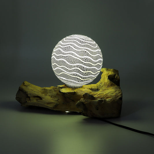 DriftGlow Lamp – Grijze Luna Kap | Drijfhout Basis
