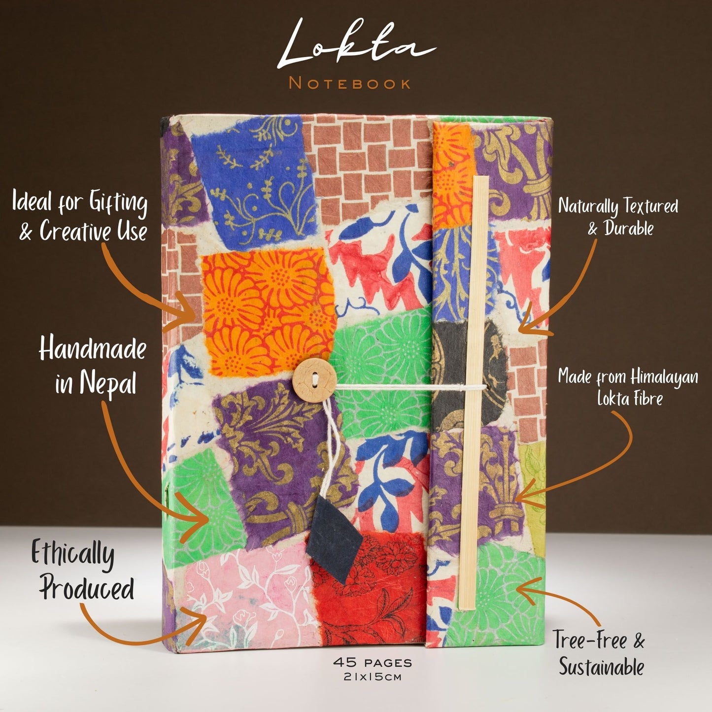 Lokta Patchwork Notitieboek Groot (21x15cm) – 45 pagina's – incl. boekenlegger – Multicolour